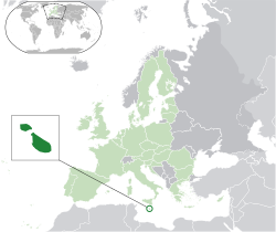 Location of  Malta  (green circle)– in Europe  (light green & dark grey)– in the European Union  (light green)  –  [Legend]