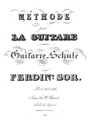 An image of the cover of Sor's Méthode pour la Guitare, the title and author's name appear in stylized text