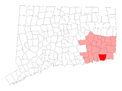 Location of the Town of Groton within New London County, Connecticut