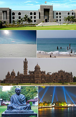 Clockwise from top: High Court of Gujarat, Dwarka Beach,  Laxmi Vilas Palace, Kankaria Lakefront, Gandhi Ashram, Salt Desert of Kutch