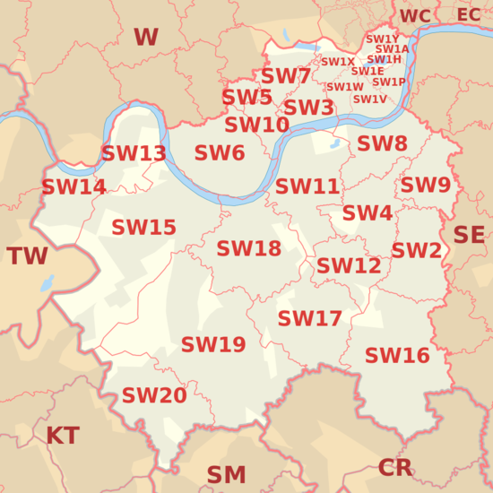 SW postcode area map, showing postcode districts, post towns and neighbouring postcode areas.