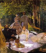 Claude Monet painting Déjeuner sur l'herbe from 1866 artists stiing on picnic blanket