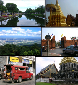 Top left: East moat, Chiang Mai; top right: Chedi, Wat Phrathat Doi Suthep; middle left: View from Doi Suthep of downtown Chiang Mai; middle right: Tha Phae Gate; bottom left: A songthaew shared taxi; bottom right: Wat Chiang Man