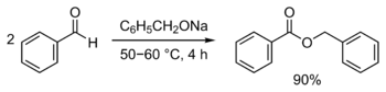 The Tishchenko reaction: benzaldehyde reacts to benzyl benzoate, the catalyst is generated in situ from sodium and benzyl alcohol