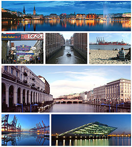 1st row: View of the Binnenalster; 2nd row: Große Freiheit, Speicherstadt, River Elbe; 3rd row: Alsterfleet; 4th row: Port of Hamburg, Dockland office building