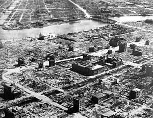 A vast devastated area with only a few burned out buildings standing