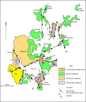 A map of the geology of Orkney. Hoy to the south west is predominantly formed from Hoy/Eday Sandstones. The Mainland at centre is largely Stromness flagstones with Rousay flagstones to the east. The smaller North and South Isles are a mixture of Eday and Rousay sandstones.