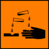 A square orange label indicating that drops of a liquid corrode materials and human hands.