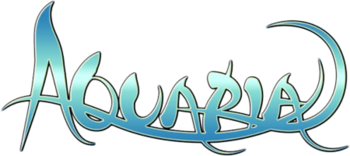 The word AQUARIA, written in a curved, flowing font is overlaid on a black background. The word itself fades vertically from blue to white and back to blue.