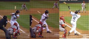 Three pictures side by side of Edgar Martínez swinging at a pitch.