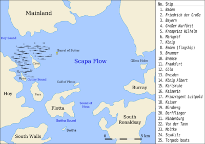 A map designating the locations where the German ships were sunk.