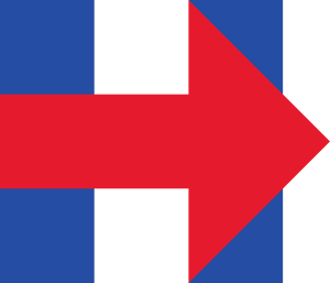 Clinton's 2016 presidential campaign logo, a large blue letter "H" with a red arrow facing right, overlaying the horizontal bar of the "H". The head of the arrow is also overlaid over the right vertical bar of the "H", with two small blue triangles poking out where the bar of the "H" is not covered by the arrow.