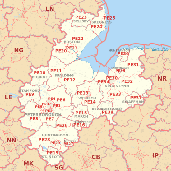 PE postcode area map, showing postcode districts, post towns and neighbouring postcode areas.