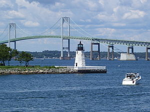 Newport Harbor Light (1842) on northern tip of Goat Island as seen from Easton's Point