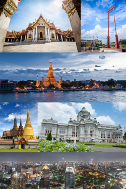 Clockwise from top: Wat Benchamabophit (Marble Temple), Giant Swing, Wat Arun, Ananta Samakhom Throne Hall, view over Lumpini Park area at night, and Wat Phra Kaeo