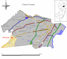 Map of Plainfield in Union County. Inset: Location of Union County highlighted in the State of New Jersey.