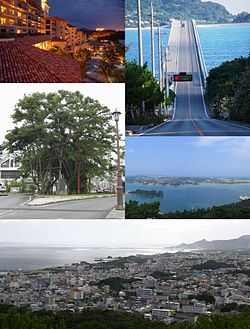 Top left:A resort place in Busena marine park, Top right:Koriya Bridge, between Yagagi and Koriya Island, Middle left:A Hinpun Gajumara tree in Higashie area, Middle right:View of Yagagi Island, from Arashiyama observation deck, Bottom:Panorama View of downtown Nago, from Nago Central Park