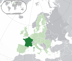 Location of  Metropolitan France  (dark green)– in Europe  (light green & dark grey)– in the European Union  (light green)  –  [Legend]