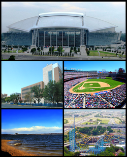 Images from top, left to right: AT&T Stadium, The University of Texas at Arlington, Globe Life Park in Arlington, Lake Arlington, Six Flags Over Texas