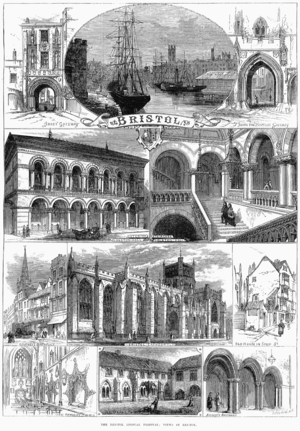  An engraving showing at the top a sailing ship and paddle steamer in a harbour, with sheds and a church spire. On either side arched gateways, all above a scroll with the word "Bristol". Below a street scene showing pedestrians and a horse-drawn carriage outside a large ornate building with a colonnade and arched windows above. A grand staircase with two figures ascending and other figures on a balcony. A caption reading "Exterior, Colston Hall" and Staircase, Colston Hall". Below, two street scenes and a view of a large stone building with flying buttresses and a square tower, with the caption "Bristol cathedral". At the bottom views of a church interior, a cloister with a man mowing grass and archways with two men in conversation.