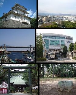 Top left: Odawara Castle, Top right;Panorama view of around Odawara, from Odawara Castle Park, Middle left: Odawara Fishing Port, Middle right: Odawara Station, Bottom left: Sontoku Ninomiya Shrine, Bottom right: Ishigakiyama Castle Park