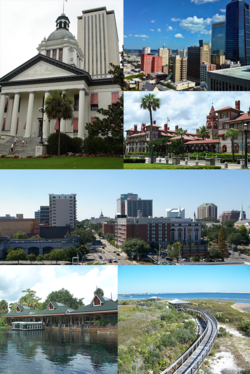 Top left to right: Florida State Capitol in Tallahassee, Downtown Jacksonville  Flagler College, Tallahassee  skyline Bottom left to right: Silver Springs Nature Theme Park, and Big Lagoon State Park