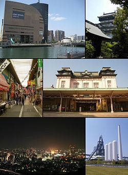 Clockwise from Top, River-walk Kitakyushu, Kokura Castle, Mojiko railroad Station, former site of Higashida blast fumace, Night view of Kokura from Mount Adachi, Tanga Market in Kokura