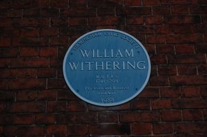  Plaque reads 'William Withering M.D., F.R.S. 1741-1799 Physician and Botanist lived here' and 'Birmingham Civic Society 1988'