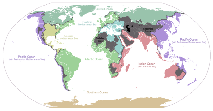 Major continental divides, showing drainage into the major oceans and seas of the world.