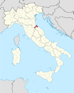 Map highlighting the location of the province of Rimini in Italy