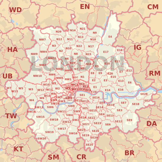 LONDON post town map, showing postcode districts, post towns and neighbouring postcode areas.