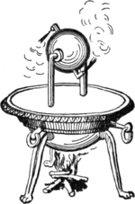 Line drawing of a sphere suspended between two uprights forming a horizontal axis. Two right-angle jet arms at the circumference expel steam that has been produced by boiling water in a closed vessel under the two uprights, which are hollow and let steam flow into the interior of the sphere.