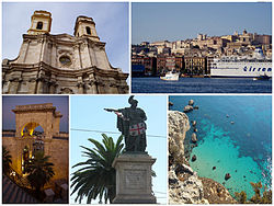 Clockwise from top: St. Anne's Church; view of the port; Bastione of Saint Remy; statue of King Charles Felix of Sardinia; and Cala Fighera