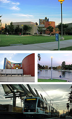 Images, from top and left to right: East LA Public Library, Civic Center Park, Atlantic Gold Line Station