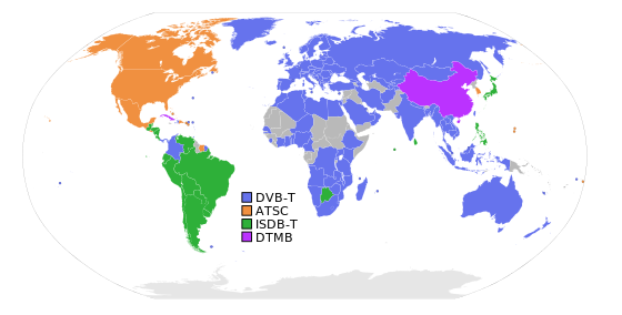 Digital terrestrial television broadcasting systems. Countries using ATSC are shown in orange.