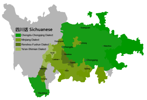 map showing locations of Sichuanese dialects