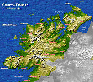 Map of County Donegal showing mountainous regions and lowlands adjacent to the water.