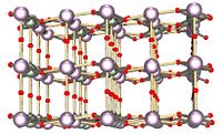 Ball and stick model of layered crystal structure containing two types of atoms.