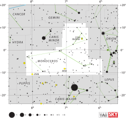 Diagram showing star positions and boundaries of the Monoceros constellation and its surroundings