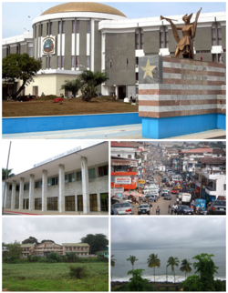 Images top, left to right: Capitol Building, Monrovia City Hall, Downtown Monrovia, University of Liberia, Monrovia Bay