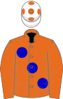 Orange, large blue spots, white cap, orange spots