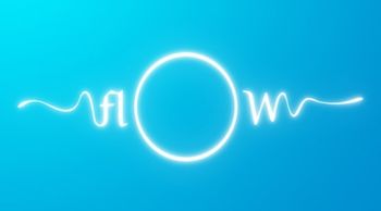 A white, stylized "flOw" is overlaid on a blue background that fades from lighter to darker from left to right.