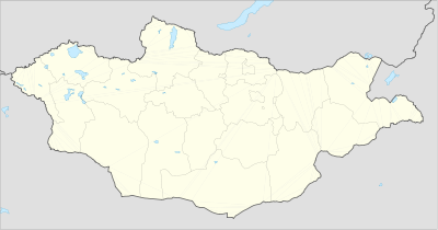 Map of Mongolia with the locations of the home grounds of the 2014 Mongolia Premier League teams highlighted