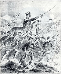 Drawing depicting a mounted figure in bicorne hat with raised sword leading charging foot soldiers holding rifles with bayonettes fixed