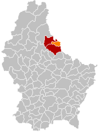 Map of Luxembourg with Vianden highlighted in orange, the district in dark grey, and the canton in dark red