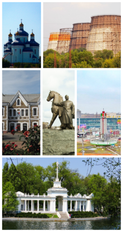 From upper left: Savior Transfiguration Cathedral, ArcelorMittal, Kryvyi Rih Main Station, Maksyma Hor'koho Square, Saksahan boat station