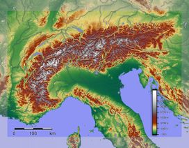 Relief of the Alps. See also map with international borders marked