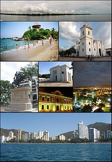 Top:Panorama view of the Cienaga Grande de Santa Marta, from inside the swamp, 2nd left:View of Mirador in Cabo San Juan del Guia, Tayrona Natural Park, 2nd right:Santa Marta Cathedral (La Casa del Farol), 3rd left:Statue of Simon Bolivar in Quinta of Saint Pedro Alejandrino, 3rd upper middle:Colombian National Pantheon in Barrio Mamatoco, 3rd lower middle:Night view of Snta Marta City Hall, 3rd right:Twilight view of Tribute to the Tayrona Ethnicity Square, Bottom:Panoramic view of Acuatico El Rodadero Park and resort area, from De Gaira area