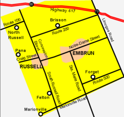 Map of Russell Township with Russell village on the left