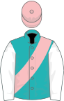 Emerald green, pink sash, white sleeves, pink cap